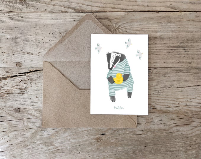 Postcard, Greeting Card A6, Badger, Sea, Duck & Birds