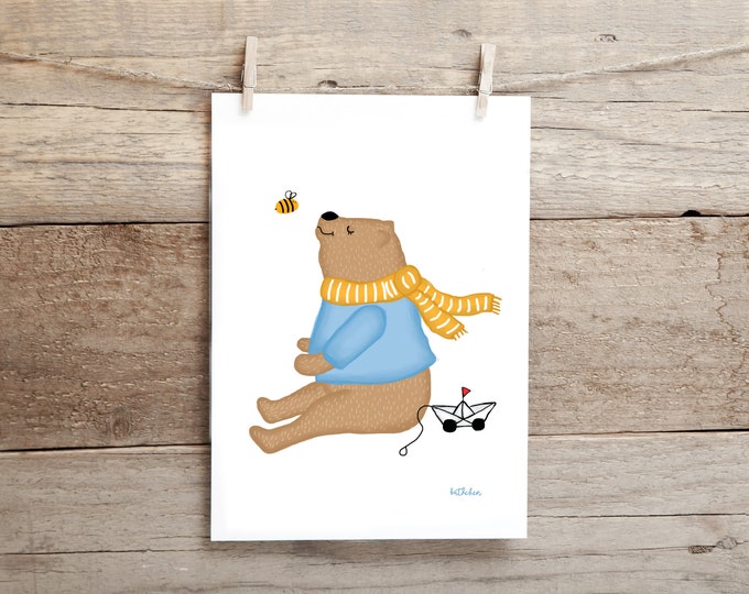 Poster, Poster A4, Picture, Children's Picture, Wall Decoration, Children's Room, Blue, Yellow, Bear, Paper Boat & Sea