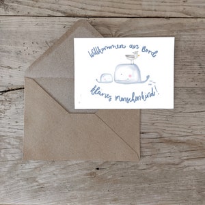Karte zur Geburt, Geburtskarte, Postkarte,  Glückwunsch, Geschenk, Geburt, Hallo Baby, Willkommen, Wal & Möwe