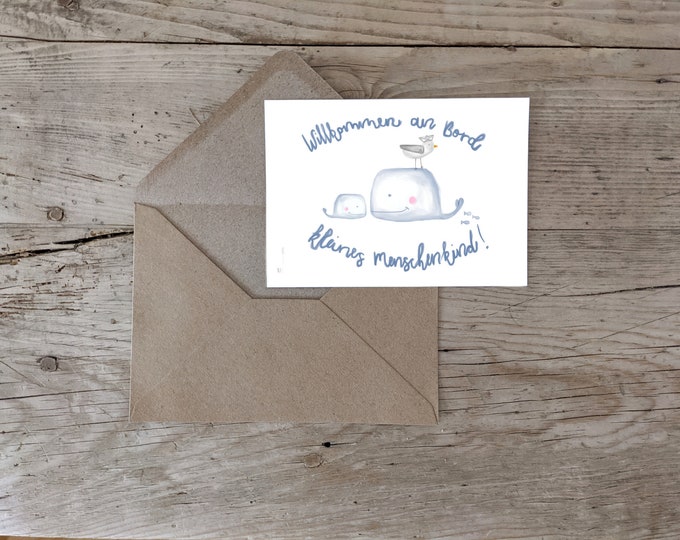 Birth Card, Birth Card, Postcard, Congratulations, Gift, Birth, Hello Baby, Welcome, Whale & Seagull