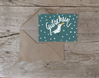 Postcard voucher, greeting card A6, Seagull & Sea