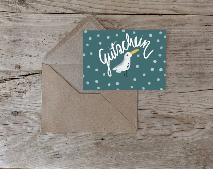 Postcard voucher, greeting card A6, Seagull & Sea