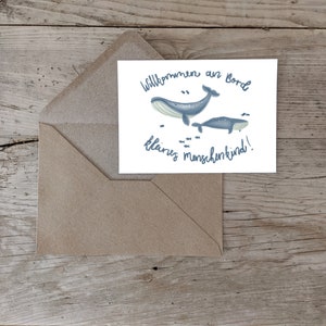 Karte zur Geburt, Geburtskarte, Postkarte,  Glückwunsch, Geschenk, Geburt, Hallo Baby, Willkommen, Wal & Fische
