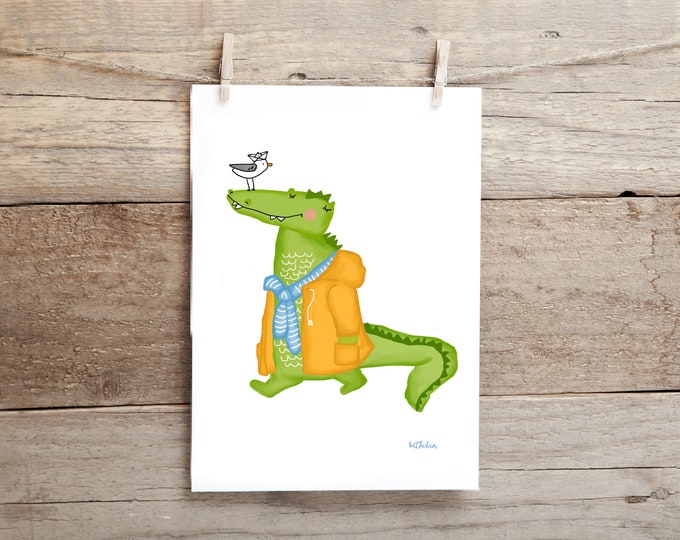 Poster, Poster A4, Picture, Children's Picture, Wall Decor, Nursery, Blue, Yellow, Crocodile, Raincoat, Seagull & Sea