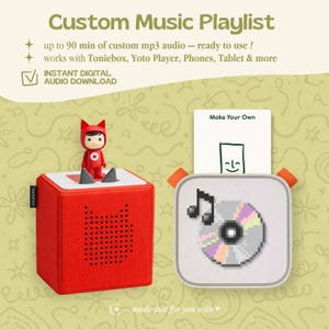 Peut inclure: Une boîte Toniebox rouge avec une petite figurine et un lecteur de musique numérique. L'image comprend le texte "Custom Music Playlist" et "Instant Digital Audio Download". Le lecteur de musique montre un CD pixélisé et des notes de musique.