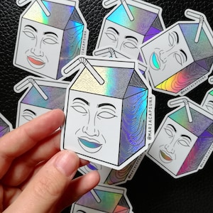 CARTON // Sticker for laptop, phone, car, skateboard, helmet, mirror, etc. Holographic, vinyl material, art, illustration, milk carton