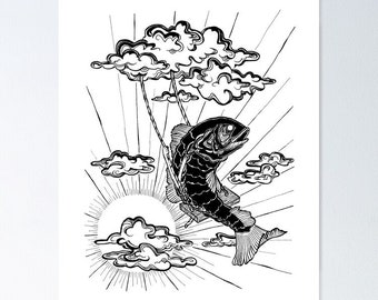 Fish on a Swing Art Print: Black Ink Illustration, A3/A4 Size