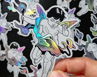 Holographic Cherub Vinyl Sticker: Fire Angel Art Illustration