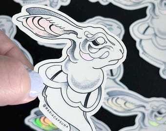 RABBIT // Sticker for phone, laptop, iPad, car, snowboard, helmet, mirror. Holographic, vinyl material, art, illustration, rabbit, autumn