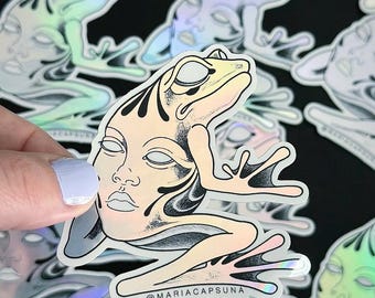 FROG FACE // Sticker for phone, laptop, iPad, car, snowboard, helmet, mirror. Holographic, vinyl material, art, illustration, frog, surreal