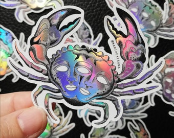 Holographic Crab Vinyl Sticker: Tattoo Flash Art Illustration