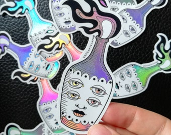 Holographic Cocktail Bottle Sticker: Tattoo Flash Art