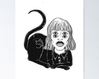 Misfit Art Print: Surreal Sphinx Woman Ink Illustration
