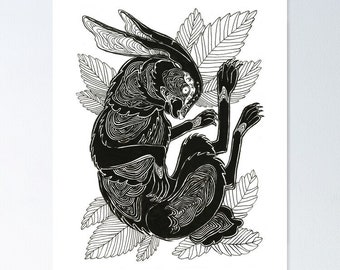 Wild Hare Art Print: Black Ink Illustration, A3 Size
