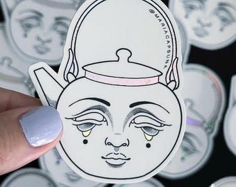 TEAPOT // Sticker for phone, laptop, iPad, car, snowboard, helmet, mirror. Holographic, vinyl material, art, illustration, teapot, autumn