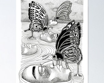 Butterfly and Human Faces Art Print: Surreal Ink Illustration (A3 Size)