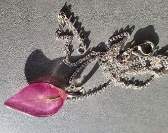 Pink and Silver Bougainvillaea in Resin Necklace