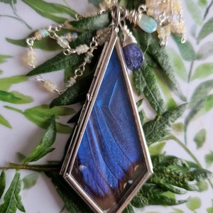 Blue Morpho Real Butterfly Wing Pendant with Welo Opal and Iolite Beaded Necklace