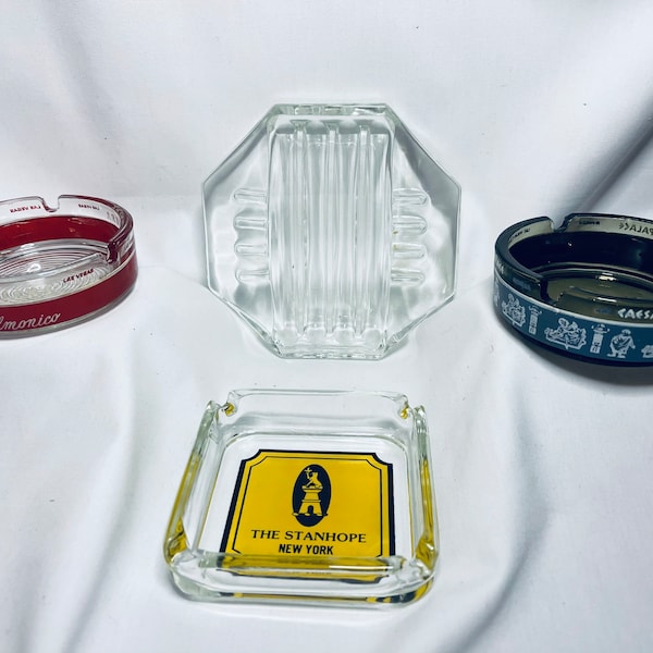 Classic vintage ashtrays from American casinos and hotels/The Stanhope/Caesar’s Palace/Las Vegas Riviera/Art Deco clear