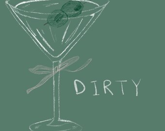 hand drawn dirty martini poster for dorms, apartment, collage, aesthetic & trendy. featuring little sketch bows. digital download