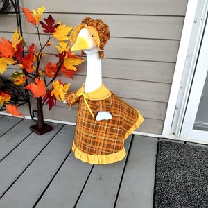 Fall Goose Outfit: Brown Check Dress & Bonnet - Fits 23-25&quot; Garden Goose