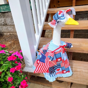 Patriotic Goose Outfit: Handmade Cotton Dress, American Flag and Floppy Hat