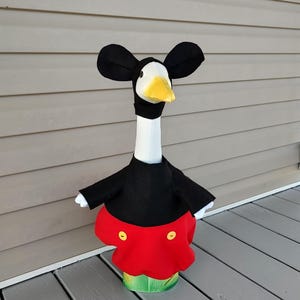Goose Outfit - Mickey Mouse Always Says Fun - Fits 23&quot; to 25&quot; Lawn Goose, Porch Goose Clothes -  Handmade by Me, Hat held on by Velcro strap