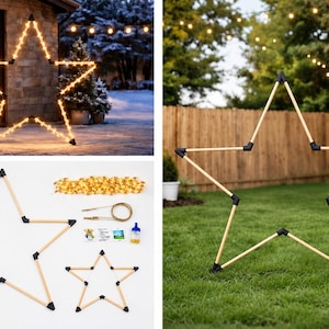 Op de afbeelding: Een groot stervormig frame opgebouwd uit lichtgekleurde houten staven verbonden door zwarte hoekstukken. De set bevat een snoer met warmwitte ledverlichting, een stroomkabel en montageonderdelen voor het maken van een decoratieve ster.