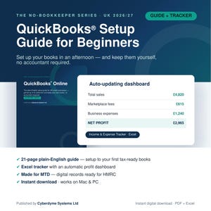 Può includere: Una guida alla configurazione di QuickBooks per principianti, edizione UK 2026/27. Include una dashboard con aggiornamento automatico che mostra vendite totali, commissioni, spese e utile netto. Include una guida di 21 pagine e un tracker Excel.