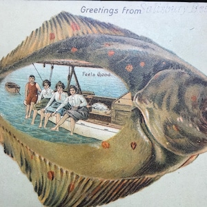 Postal antigua con borde de pescado c.1907 // Postal antigua con borde de lenguado de Massachusetts Beach // Postal antigua con borde de lenguado de Salisbury Beach