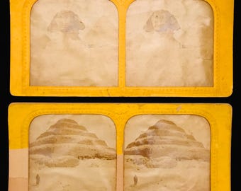 PAAR antieke stereoscoop met de hand getint stappiramideweefsel//originele handgekleurde sfinxweefsel stereoviewkaart//Franse weefselstereoview