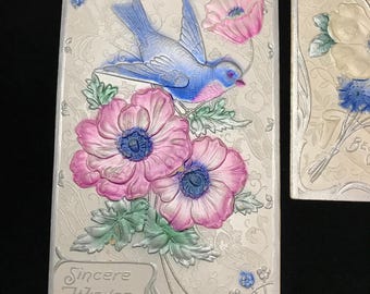 THREE vintage embossed gelatin postcards c.1909,metallic ink, embossed poppies and swallow, best wishes post cards