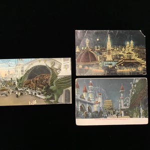 THREE Luna Park post cards circa 1907, 1920 // vintage Coney Island Luna Park at night postcards, Dragon&#39;s Gorge