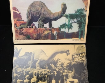 PAAR vintage ansichtkaarten: Sinclair dinosaurustentoonstelling Worlds Fair, Sinclair dinosauruspostkaarten 1933 Chicago Worlds Fair