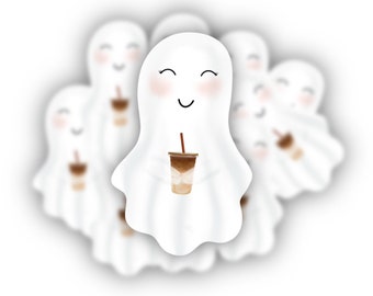 Koffie Ghost, Boho Ghost Sticker, Koffie Decal, Latte Sticker, Girl Ghost Decal, Leuke Halloween Sticker | Oh honingontwerpen