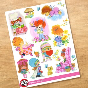 May include: A sheet of colorful stickers featuring illustrations of girls in various activities, including playing music, taking a bath, and reading a book. The stickers are perfect for adding a touch of whimsy to journals, planners, and other craft projects. The sheet also includes the text "What's Up Dot?" and "Sweet Notes".