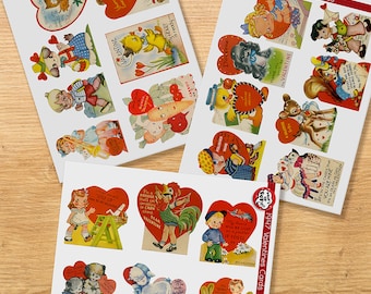 Könnte beinhalten: Ein Set von 1947 Vintage Valentinstagskarten mit verschiedenen Illustrationen von Tieren, Kindern und anderen niedlichen Figuren. Die Karten sind auf dickem Papier gedruckt und haben eine rote Herzform mit weißem Rand. Der Text auf den Karten enthält Sätze wie "Mein Herz ist bereit", "Doggone", "Bitte sei mein Valentinstag", und "Du gehörst mir in den Karten".