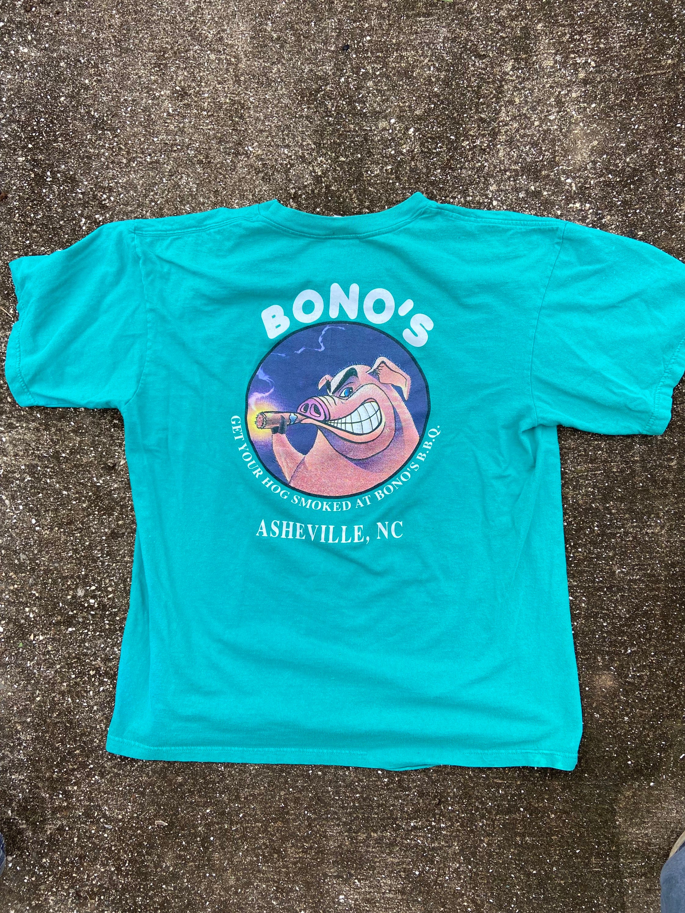 Vintage Medium/large Green Bono's Pit Bar-b-que “get Your Hog