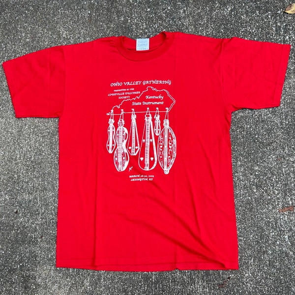 Vintage red S/M Jerzees heavyweight blend T-shirt.Ohio Valley Gathering presented by the Louisville Dulcimer Society Kentucky State Instrume