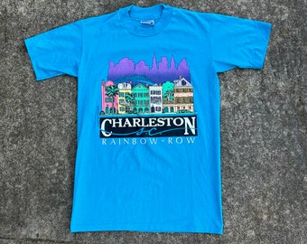 Vintage XS 1988 Hanes Fifty-Fifty cotton polyester single stitch, teal blue and rainbow colors.   Charleston S.C. Rainbow Row   Beautiful