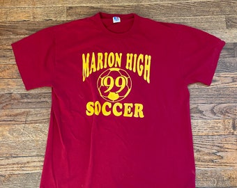 Vintage maroon Russell athletic nublend 50/50 cotton polyester Made  in the USA. Marion High Soccer 99 M.H.S. “Got touch”