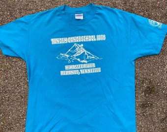 Vintage medium Hanes Heavyweight 50/50 turquoise blue T-shirt. Tandem Canoe School 1996 Hiawasse River Reliance, Tennessee. Tandem