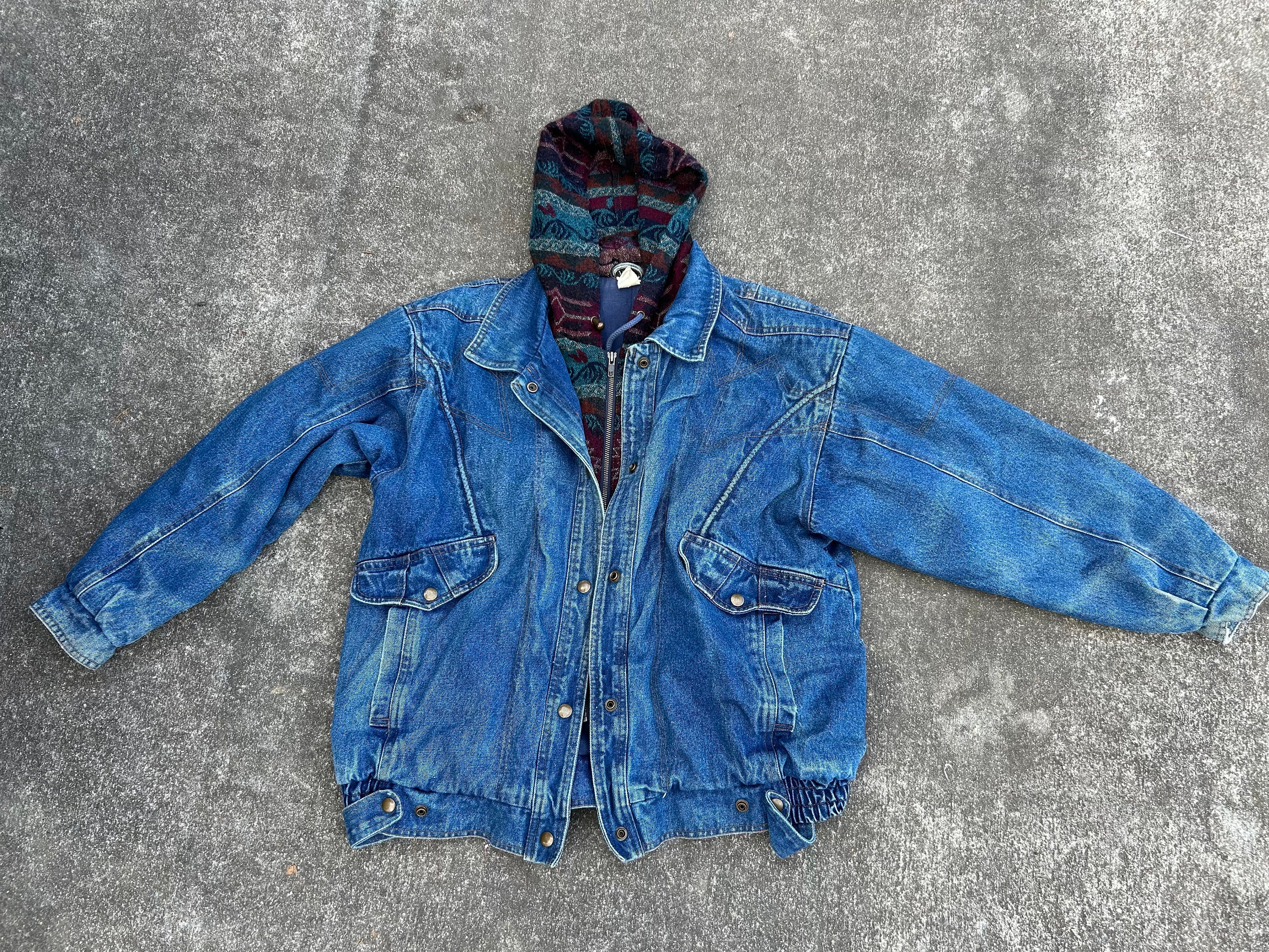 Vintage 90s Small Denim Jacket With Built in Aztec Print
