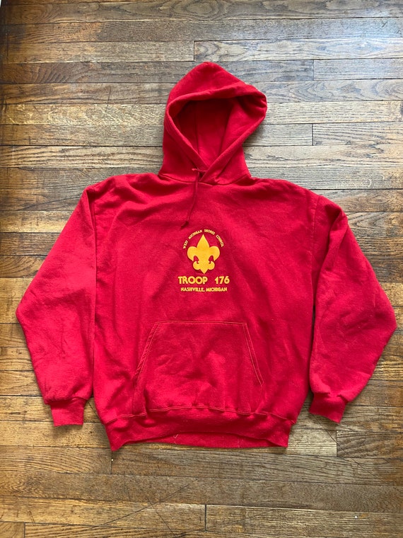 Vintage Jerzees Mens Medium/large tag Says XL Red Hoodie With Drawstring.  Made in the USA. 50/50 Cotton Polyester Blend. Boy Scouts -  Canada