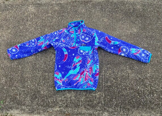 Vintage Patagonia Synchilla Teen medium/womens XXS Owl and Moon Print. Purple, turquoise,plum and White Colors. 1/4 Snap Pullover Front.