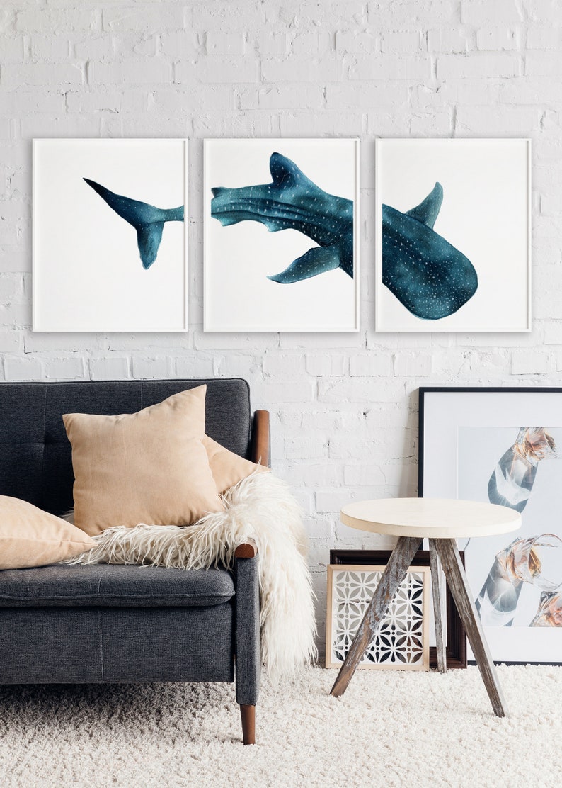 Whale Shark Watercolor Art Print Set: Modern Nautical Decor (digital ...