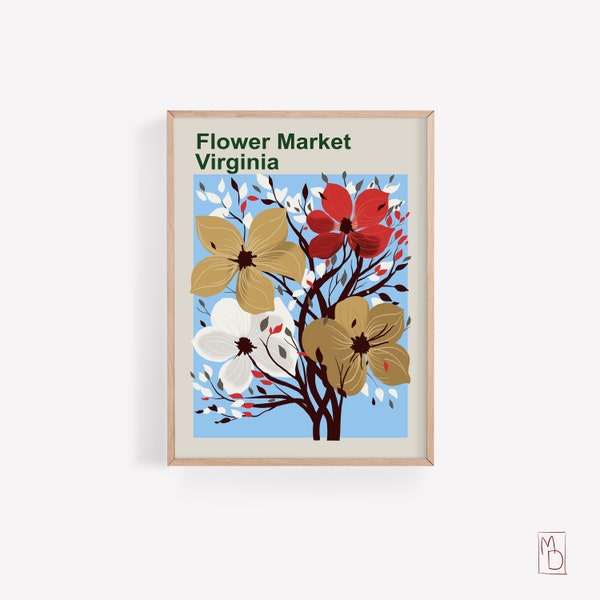 Virginia Print, Flower Market, Botanical Poster, American dogwood Flower, Cornus florida, Abstract Kitchen, Farmhouse Decor, Retro wall art