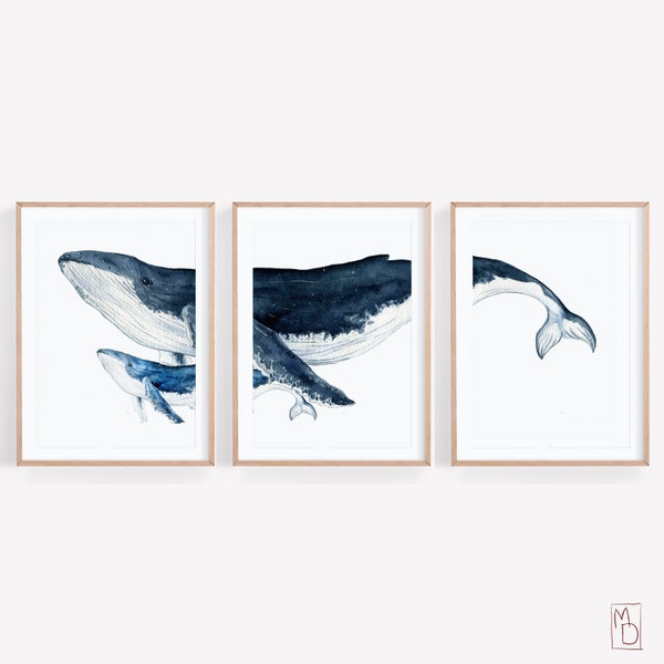 Humpback whale, Art SET OF 3, Whale with baby, Whale art print, Watercolor whale poster, Dining room wall art, Modern Nautical Home Decor