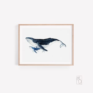 Ballena jorobada, ballena con cría, impresión artística de ballena, póster de ballena en acuarela, arte de pared para comedor, decoración náutica moderna para el hogar, ballena pequeña