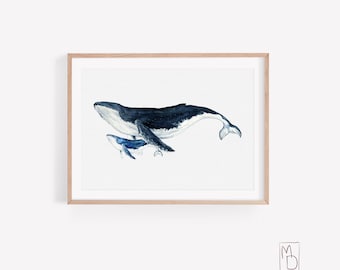 Humpback whale, Whale with baby, Whale art print, Watercolor whale poster, Dining room wall art, Modern Nautical Home Decor, little whale